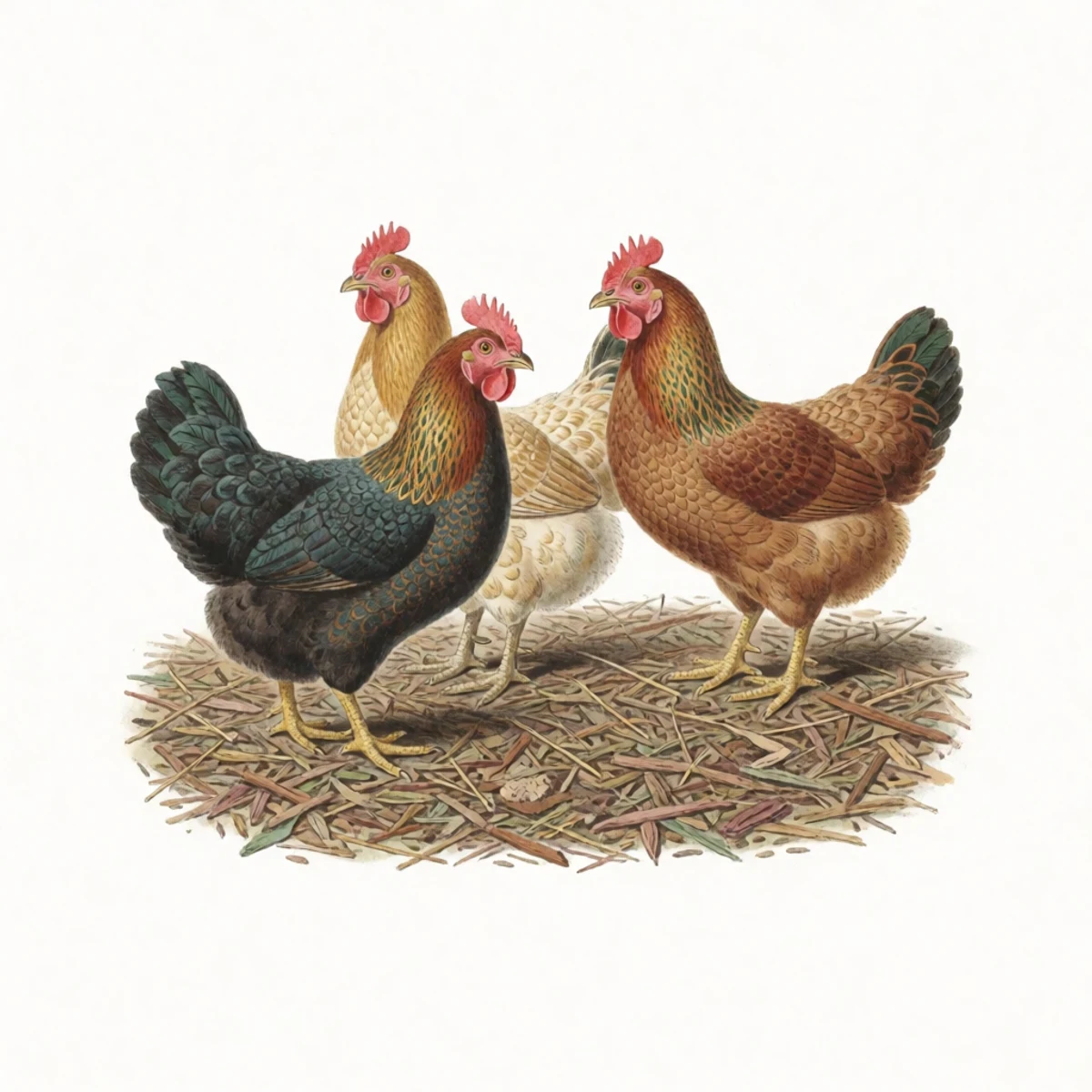 Watercolour plate of deep dry litter six inches thick across a winter coop floor, hens standing on it