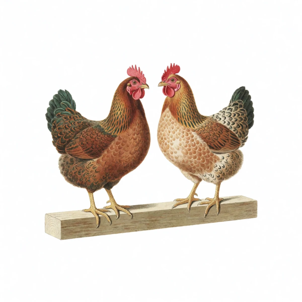 Watercolour plate of a wide flat 2x4 roost bar with a hen settled on her feet, feathered belly covering her toes, beside a narrow round perch for comparison