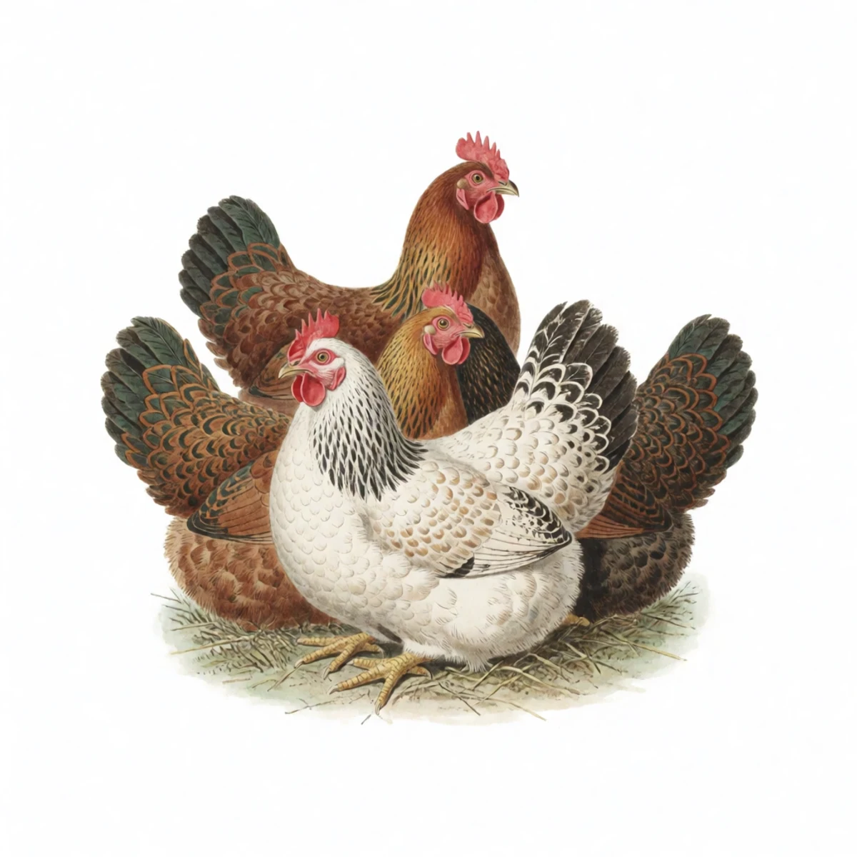 Watercolour plate of a heat lamp crossed out beside a safe unheated winter coop with well-feathered hens roosting