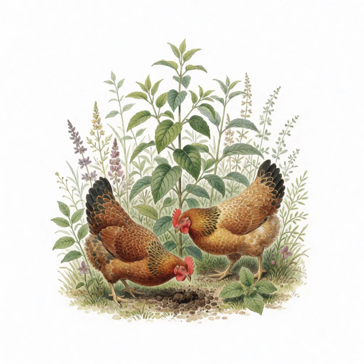 Watercolour plate of a portable electric poultry fence moved to a new paddock in a food forest, hens working fresh ground while the last paddock recovers