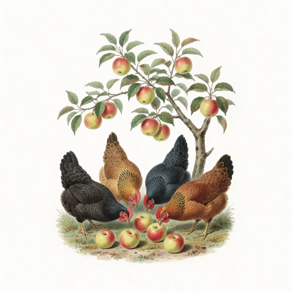 Watercolour plate of hens scratching under a fruit tree after harvest, pecking wormy windfall apples from the ground
