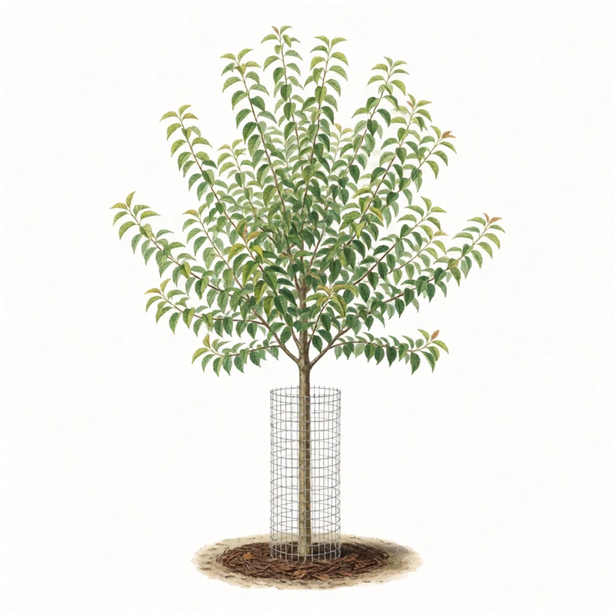 Watercolour plate of a young fruit tree with a wire cylinder guard around its trunk and mulch ring, hens excluded outside it