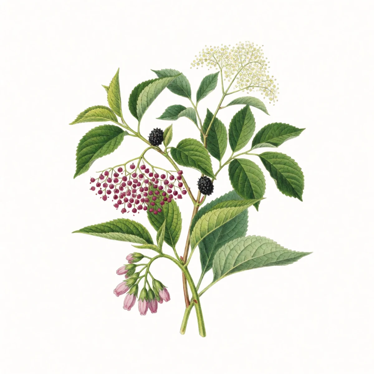 Watercolour plate of an understory planted for a flock - a mulberry dropping fruit, elderberry and autumn olive, comfrey below
