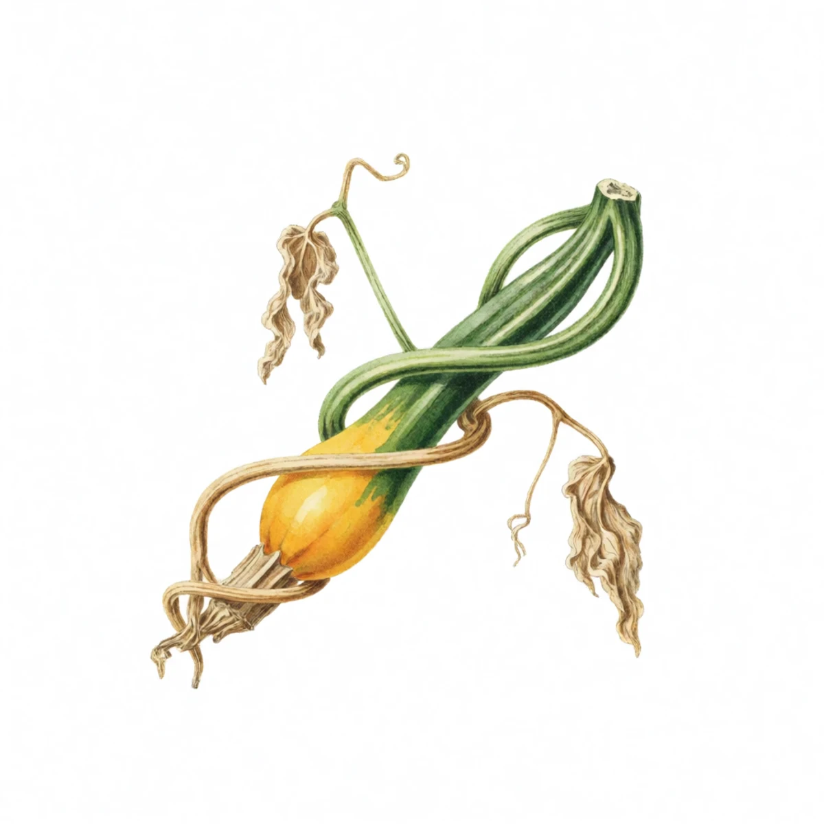 Watercolour plate of a winter squash stem dried and corked from green to tan, the vine around it withering