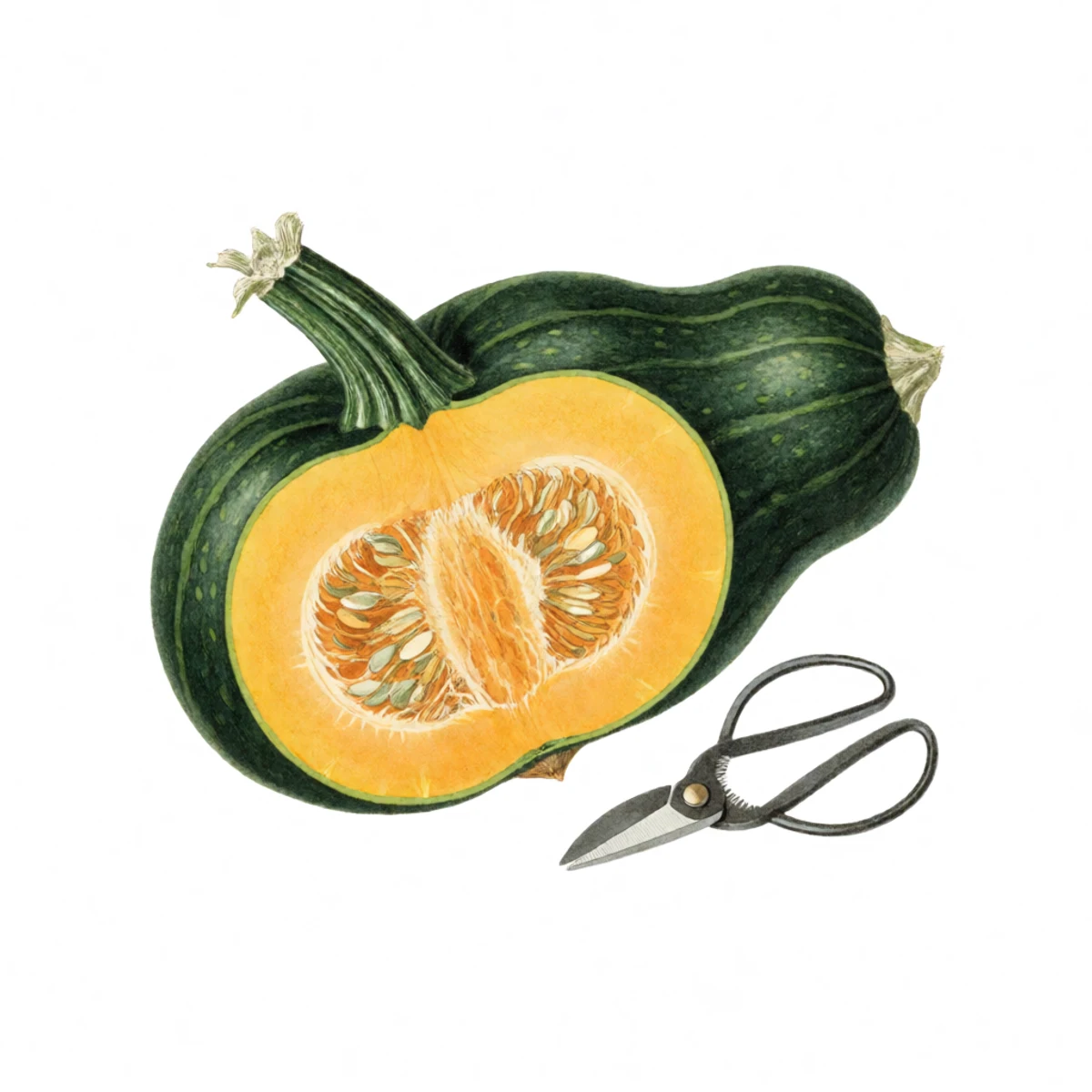 Watercolour plate of a winter squash cut from the vine with two inches of corked stem left as a handle, shears beside
