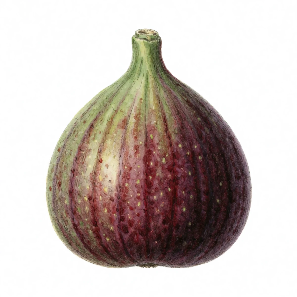 Watercolour plate of a ripe fig cradled in a hand, skin showing fine stretch cracks, soft with no firmness left
