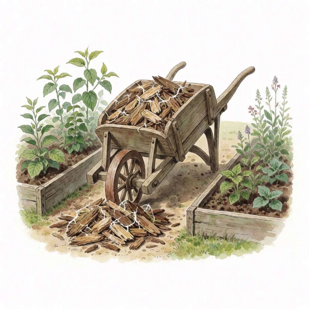 Watercolor plate of a wheelbarrow of wood chips with fungal threads