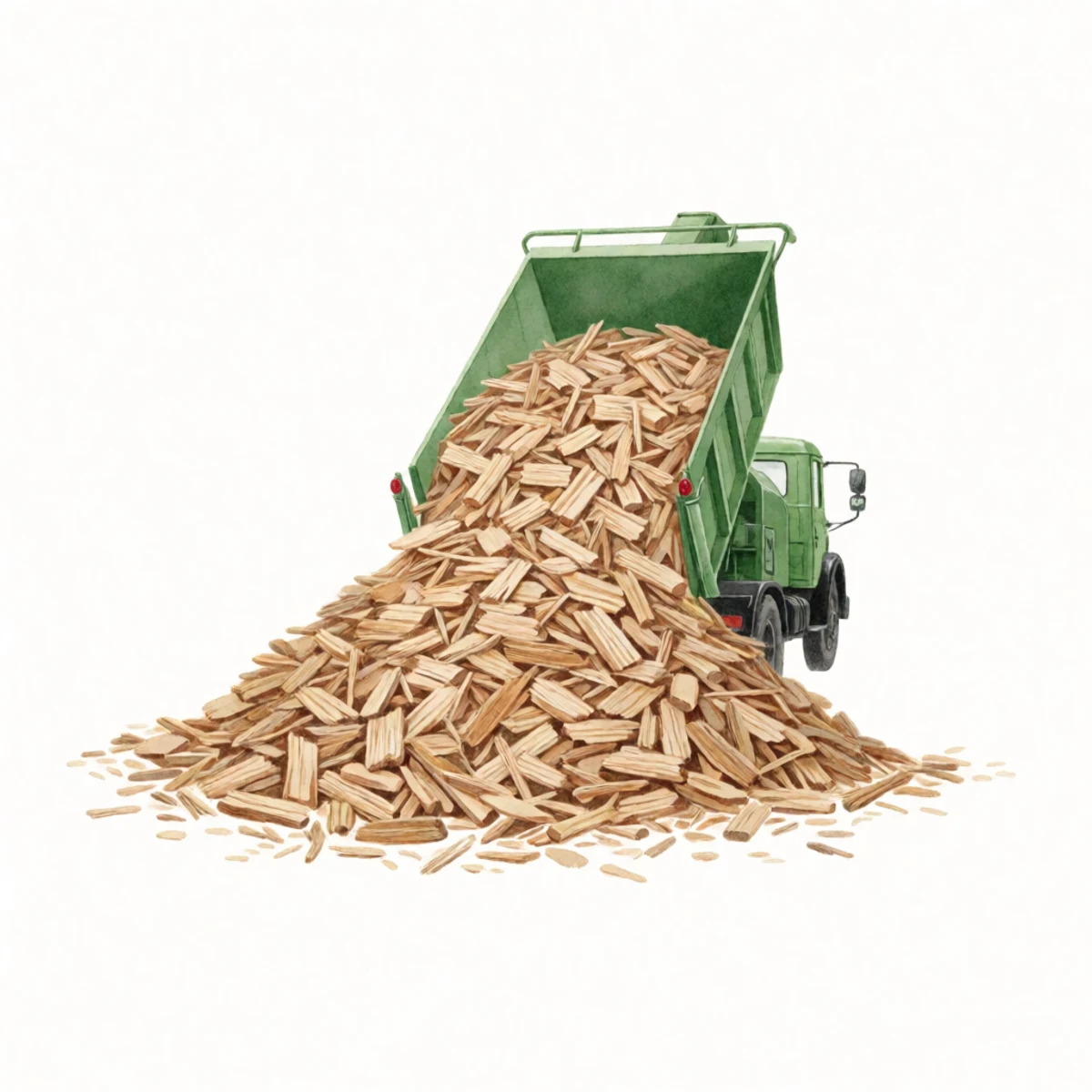 Watercolour plate of a truckload of fresh arborist wood chips tipped in a heap on a driveway, chipper truck suggested behind