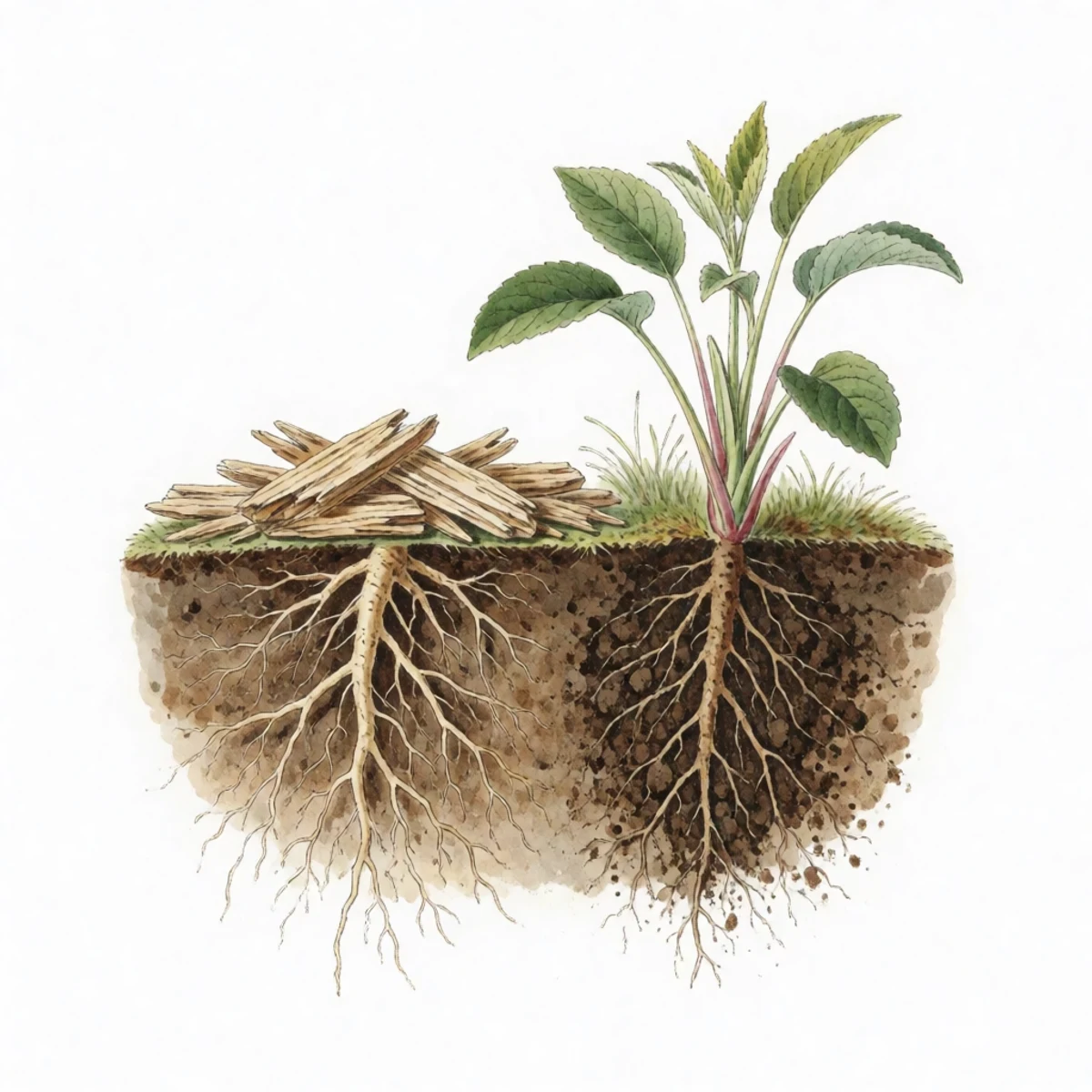 Watercolour plate of a cross-section comparison showing wood chips laid on the surface with roots healthy beneath, beside chips tilled in with a starved root zone