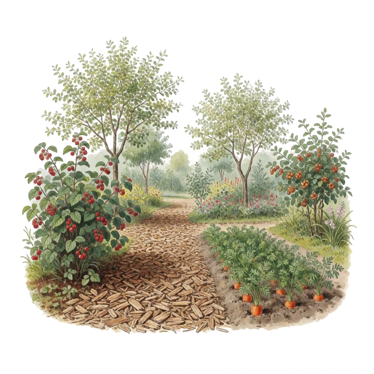 Watercolour plate of wood chips spread on garden paths and under trees and berry bushes, with a clean unchipped vegetable bed of carrots beside