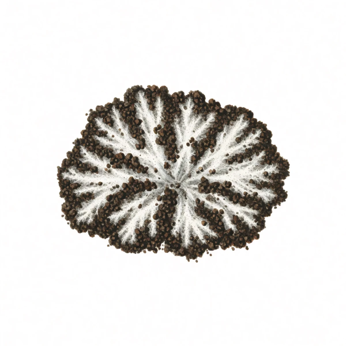 Watercolour plate of the underside of a two-year-old wood chip layer laced with white fungal mycelium over black crumbly soil