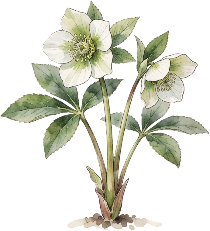 Botanical illustration of Hellebore (Lenten Rose)