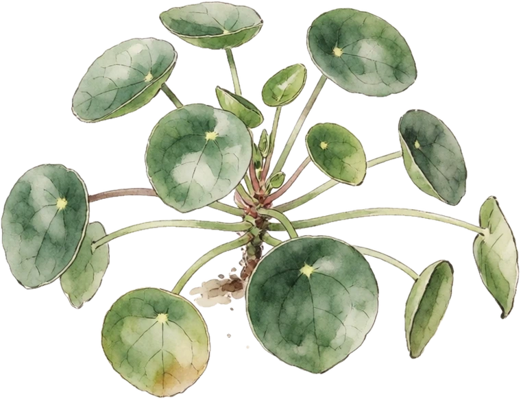 Botanical illustration of Pilea (Chinese Money Plant)