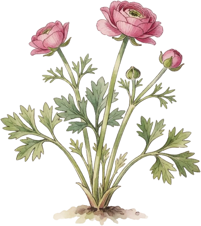 Botanical illustration of Ranunculus (Persian Buttercup)