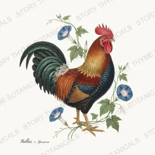 Rooster Morning Glory — vintage botanical Cottage Garden Roosters Vol. 2 print on a white background