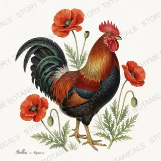 Rooster Poppies — vintage botanical Cottage Garden Roosters Vol. 2 print on a white background