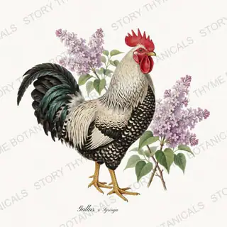 Rooster Lilacs — vintage botanical Cottage Garden Roosters Vol. 2 print on a white background