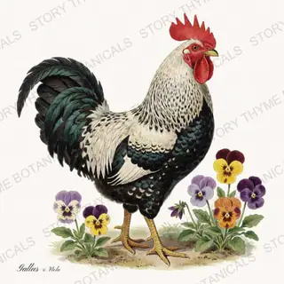 Rooster Pansies — vintage botanical Cottage Garden Roosters Vol. 2 print on a white background