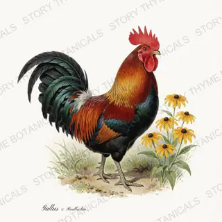 Rooster Black Eyed Susans — vintage botanical Cottage Garden Roosters Vol. 2 print on a white background