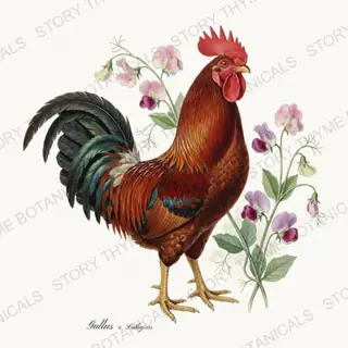 Rooster Sweet Peas — vintage botanical Cottage Garden Roosters Vol. 2 print on a white background