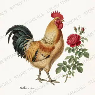 Rooster Roses — vintage botanical Cottage Garden Roosters Vol. 2 print on a white background