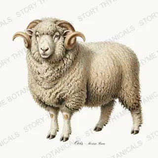 Merino Ram — vintage botanical Flock & Fold print on a white background