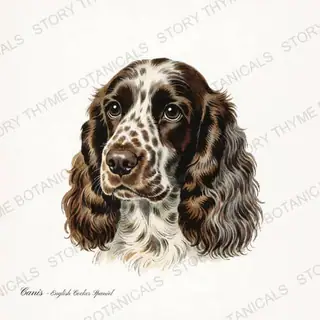 English Cocker Spaniel — vintage botanical Gun Dogs print on a white background