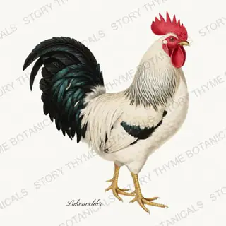 Lakenvelder — vintage botanical Heritage Breeds II & Rooster Gardens print on a white background