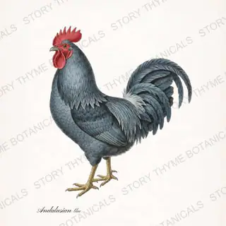 Blue Andalusian — vintage botanical Heritage Breeds II & Rooster Gardens print on a white background