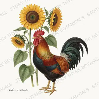 Rooster Sunflowers — vintage botanical Heritage Breeds II & Rooster Gardens print on a white background