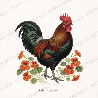 Rooster Nasturtiums — vintage botanical Heritage Breeds II & Rooster Gardens print on a white background