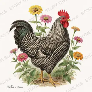 Rooster Zinnias — vintage botanical Heritage Breeds II & Rooster Gardens print on a white background