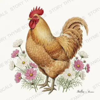 Rooster Cosmos — vintage botanical Heritage Breeds II & Rooster Gardens print on a white background