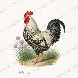 Rooster Chives — vintage botanical Herbal Garden Roosters print on a white background