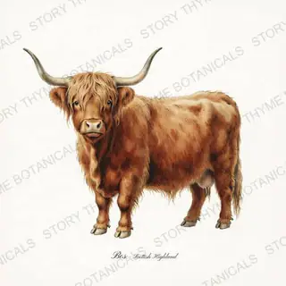 Scottish Highland Cow — vintage botanical Highland & Pasture print on a white background