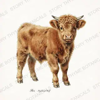 Highland Calf — vintage botanical Highland & Pasture print on a white background