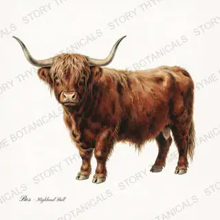 Scottish Highland Bull — vintage botanical Highland & Pasture print on a white background