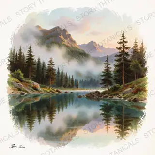 Mountain Lake — vintage botanical Little Landscapes print on a white background