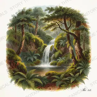 Waterfall — vintage botanical Little Landscapes print on a white background