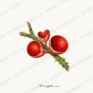 Scarlet Elf Cup — vintage botanical Woodland Mushrooms print on a white background
