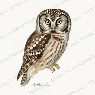 Boreal Owl — vintage botanical The Owl Collection print on a white background