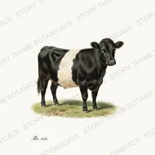 Belted Galloway — vintage botanical The Pasture print on a white background