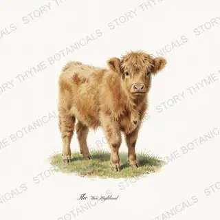Highland Calf — vintage botanical The Pasture print on a white background