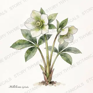 Hellebore (Lenten Rose) — vintage botanical The Plant Library print on a white background