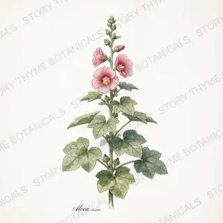 Hollyhock — vintage botanical The Plant Library print on a white background