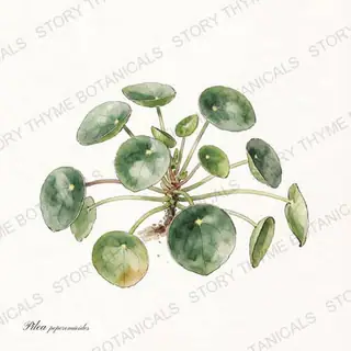Pilea (Chinese Money Plant) — vintage botanical The Plant Library print on a white background