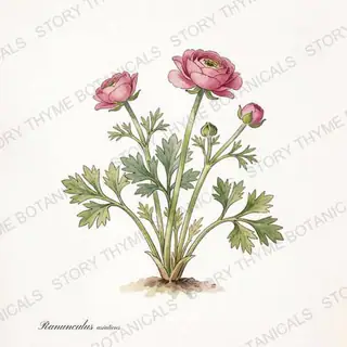 Ranunculus (Persian Buttercup) — vintage botanical The Plant Library print on a white background