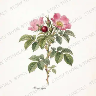 Rugosa Rose (Beach Rose) — vintage botanical The Plant Library print on a white background