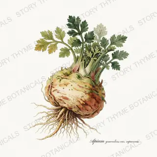 Celeriac — vintage botanical Roots & Alliums print on a white background