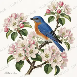 Sialia Malus — vintage botanical Songbirds & Branches print on a white background
